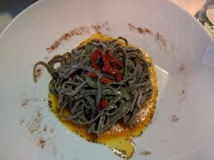 Hemp tagliolini with pumpkin cream, goji berries, poppy seeds and cinnamon at Ristorante Da Mario alla Fava in Venice