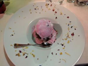 Outstanding vegan cherry gelato on top an apple tart tartine  at Ristorante Da Mario alla Fava in Venice