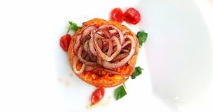 The tomato 'pie' with crispy onions - divine! at Ristorante Da Mario alla Fava in Venice