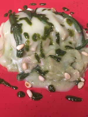 Lasagna with potato cream, green beans, pesto and pine seeds at Ristorante Da Mario alla Fava in Venice