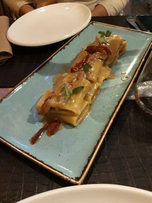 Pasta with eggplant cream and sundried tomatoes at Ristorante Da Mario alla Fava in Venice
