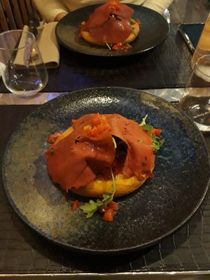 Gourmet foccacia and vegan bressaola at Ristorante Da Mario alla Fava in Venice