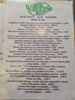 Menu at Il Vegano Bistrot in Florence