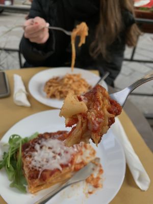 vegan lasagne and vegan tagliatelle   at Il Vegano Bistrot in Florence