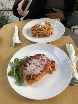 vegan lasagna and vegan tagliatelle   at Il Vegano Bistrot in Florence