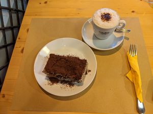Tiramisu and Cappuccino at Il Vegano Bistrot in Florence