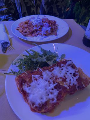 Lasagne front (recommend), soya ragu linguini at the back (would not recommend)   at Il Vegano Bistrot in Florence