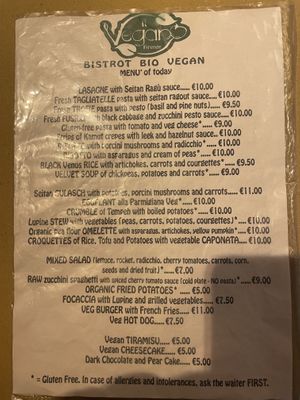 English menu  at Il Vegano Bistrot in Florence