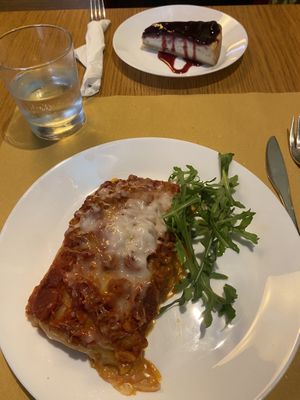 Lasagna with seitan ragù and frutti di bosco cheesecake   at Il Vegano Bistrot in Florence
