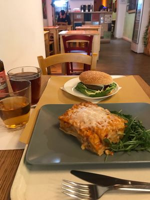 Lasagna and seitan burger  at Il Vegano Bistrot in Florence
