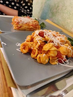 Amazing lasagna and pasta with vegan cheese at Il Vegano Bistrot in Florence