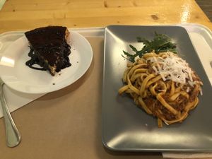 Pasta with seitan ragu and chocolate cake at Il Vegano Bistrot in Florence