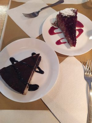 Vegan chocolate and pears cake and vegan cheesecake. Delicious! at Il Vegano Bistrot in Florence