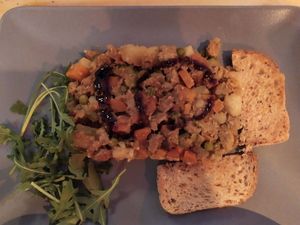 Vegan lupine flan with vegetables at Il Vegano Bistrot in Florence