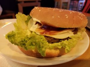 Veggir burger with seitan patty at Il Vegano Bistrot in Florence