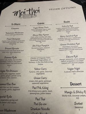 Entire vegan page of the menu! at Mai Thai Restaurant and Bar in Boise