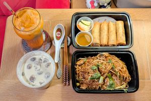 Vegan menu delivery: Imperial Rolls, Tofu Pad Thai, and Tom Kah Soup with Veggies (the drink was made at home) at Mai Thai Restaurant and Bar in Boise