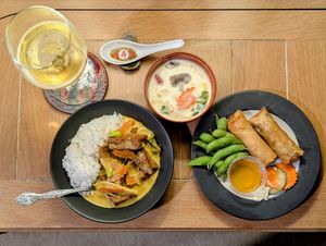 Yellow Curry, Tom Kah Soup with Vegetables, Edamame, Imperial Rolls with Pickled Vegetables (delivery) at Mai Thai Restaurant and Bar in Boise