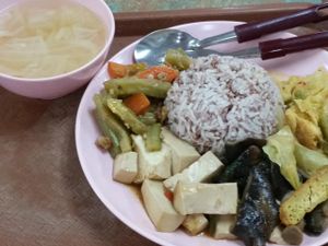 bitter gourd, tofu, mushroom, curry veg, brown rice plus free cabbage soup at Kingsland Vegetarian - Food Stall in Central Singapore