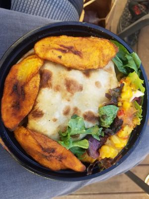 Special of the day Poori stuffed with Chana Dahl served with plantain. at One Love Maebelle's Cafe in Worcester