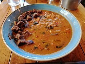 Soup with croutons at Il Borgo Verde in Frascati