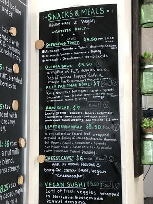 Food menu at Vermont Juice Company in Burlington
