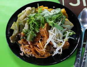 Rice and three sauces from the buffet + some greens that I added myself.  at J Suandok in Chiang Mai