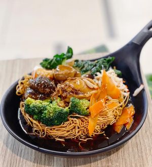 Braised Abalone & Seafood Longevity Crispy Noodles, $12.90 (vegan)   at Greendot 绿一点 - Paya Lebar in Central Singapore