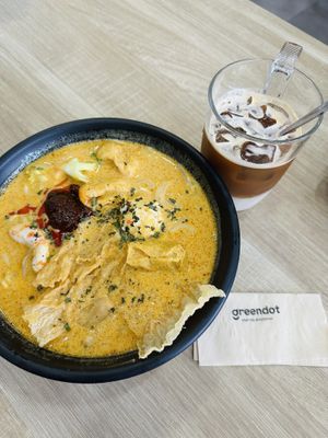 Yummy laksa and oat latte.👍🏼  at Greendot 绿一点 - Paya Lebar in Central Singapore