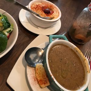 lentil soup, hummus, salad at Meze Meze in Edinburgh