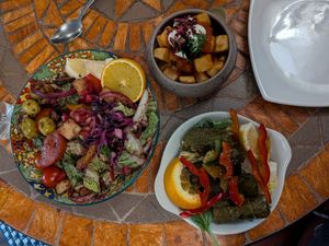 FATTOUSH salad, DOLMADAKIA, BRAVAS at Meze Meze in Edinburgh