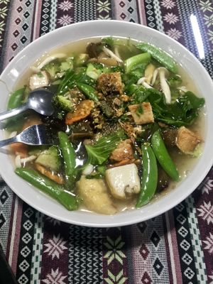 Wide noodles in gravy at SuratThani Vegetarian in Surat Thani