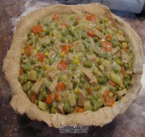 Chick'n Pot Pie, before the top crust is on it. at Lily's Vegan Pantry in New York City