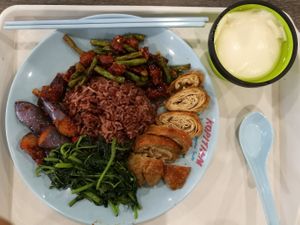 Food from the vegetarian stall and beancurd from the adjacent stall. at SIN - Ba Fang Vegetarian 八方素食 - T2 in East Singapore