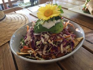 Vegan nachos, loads of dry slaw, simple and healthy  at Greenhouse Cafe in Caloundra