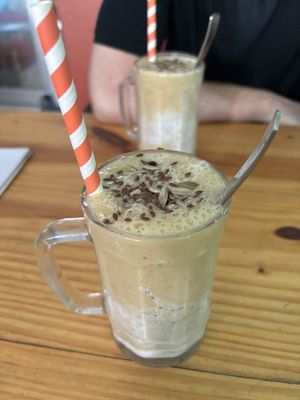 Banana, mango and chia seed smoothie with coconut milkk  at Soul Kitchen in Rishikesh