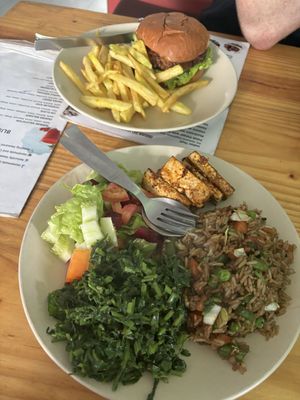 Veggie protein burger + chips and the grilled tofu plate   at Soul Kitchen in Rishikesh