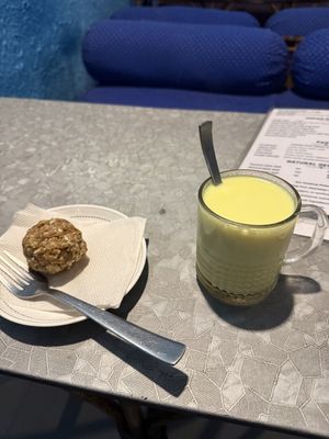 cashew date ball. tumeric coconut latte.  at Soul Kitchen in Rishikesh