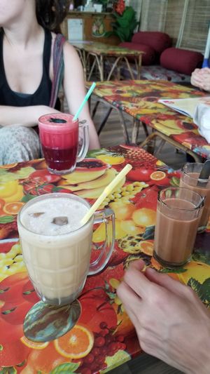 Iced coconut coffee, two masala chai teas, and good morning juice at Soul Kitchen in Rishikesh