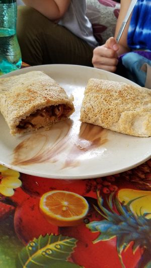 Oat pancake with banana, dates, and peanut butter at Soul Kitchen in Rishikesh
