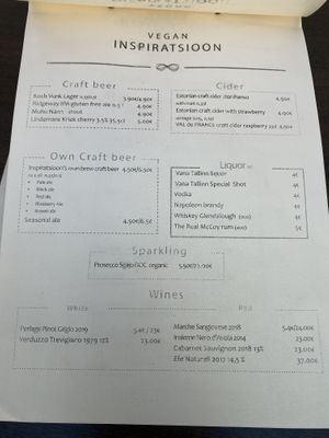 Alcohol menu at Vegan Inspiratsioon in Tallinn