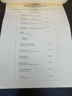 Cocktail menu at Vegan Inspiratsioon in Tallinn