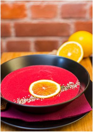 Beetroot-orange soup with coconut milk. at Vegan Inspiratsioon in Tallinn