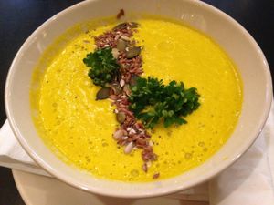 Warm raw pumpkin and curry cream soup - yummmmm! at Vegan Inspiratsioon in Tallinn