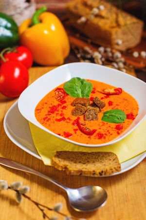 Roasted red bell pepper and tomato soup at Vegan Inspiratsioon in Tallinn