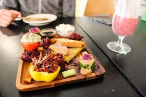 starter plate for two and cherry smoothie at Vegan Inspiratsioon in Tallinn