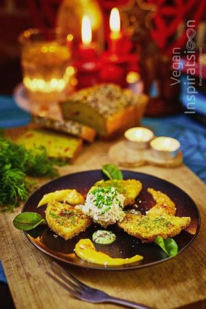 Crispy celeriac nuggets with tofu egg salad and cheesi Cheddar sauce. at Vegan Inspiratsioon in Tallinn