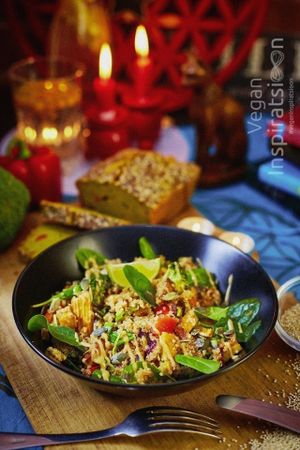 Quinoa wok with chickpea tofu steak. at Vegan Inspiratsioon in Tallinn