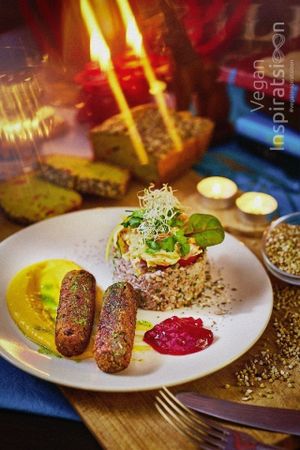 Bean, lentil and caramelized onion sausages. at Vegan Inspiratsioon in Tallinn