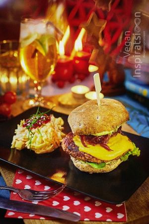 Winter special burger with sweet and spicy bean-eggplant  cutlet and cheesy cheddar sauce at Vegan Inspiratsioon in Tallinn